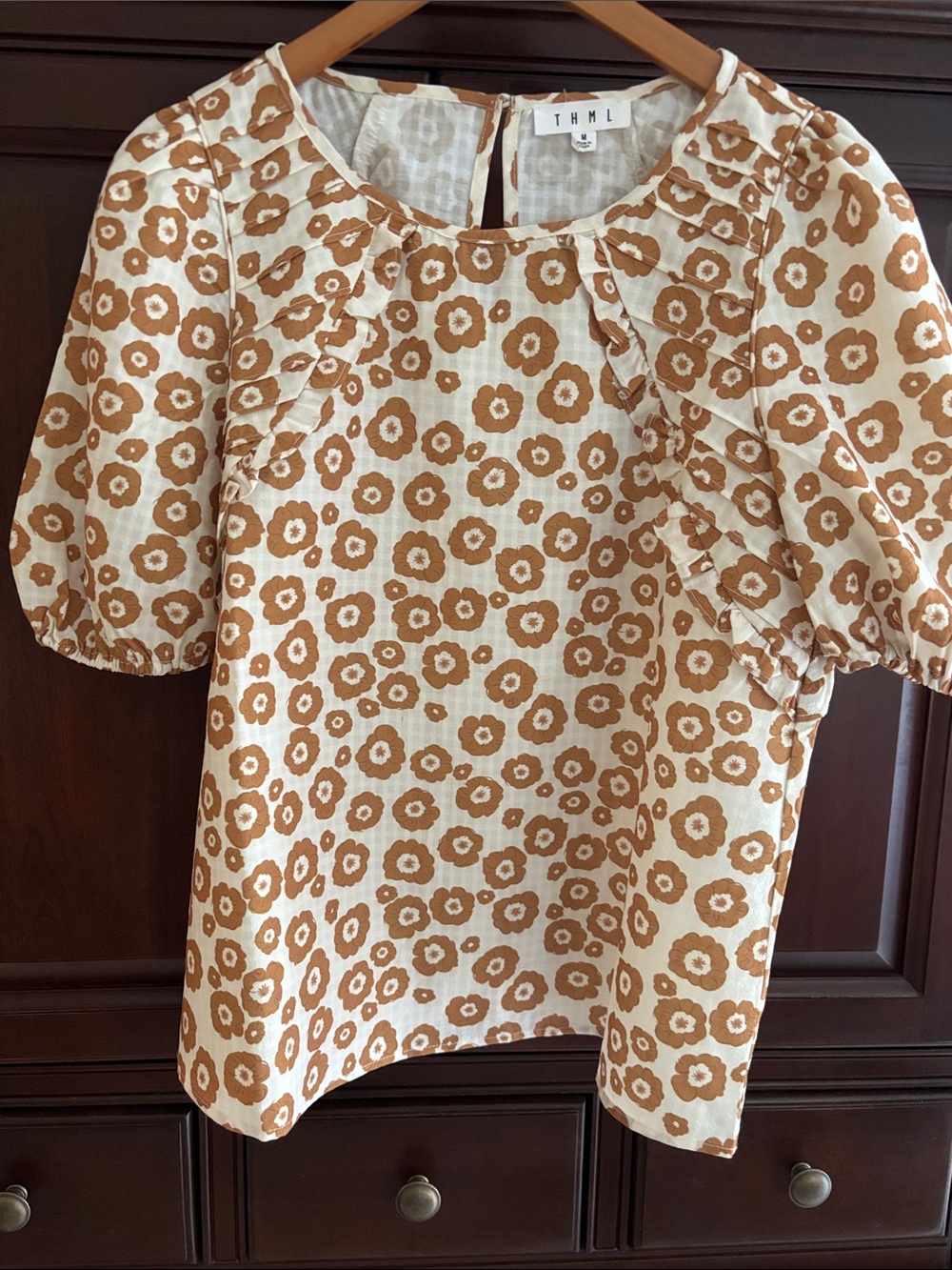 THML Cream and Brown/gold Floral Puff Sleeve Blouse